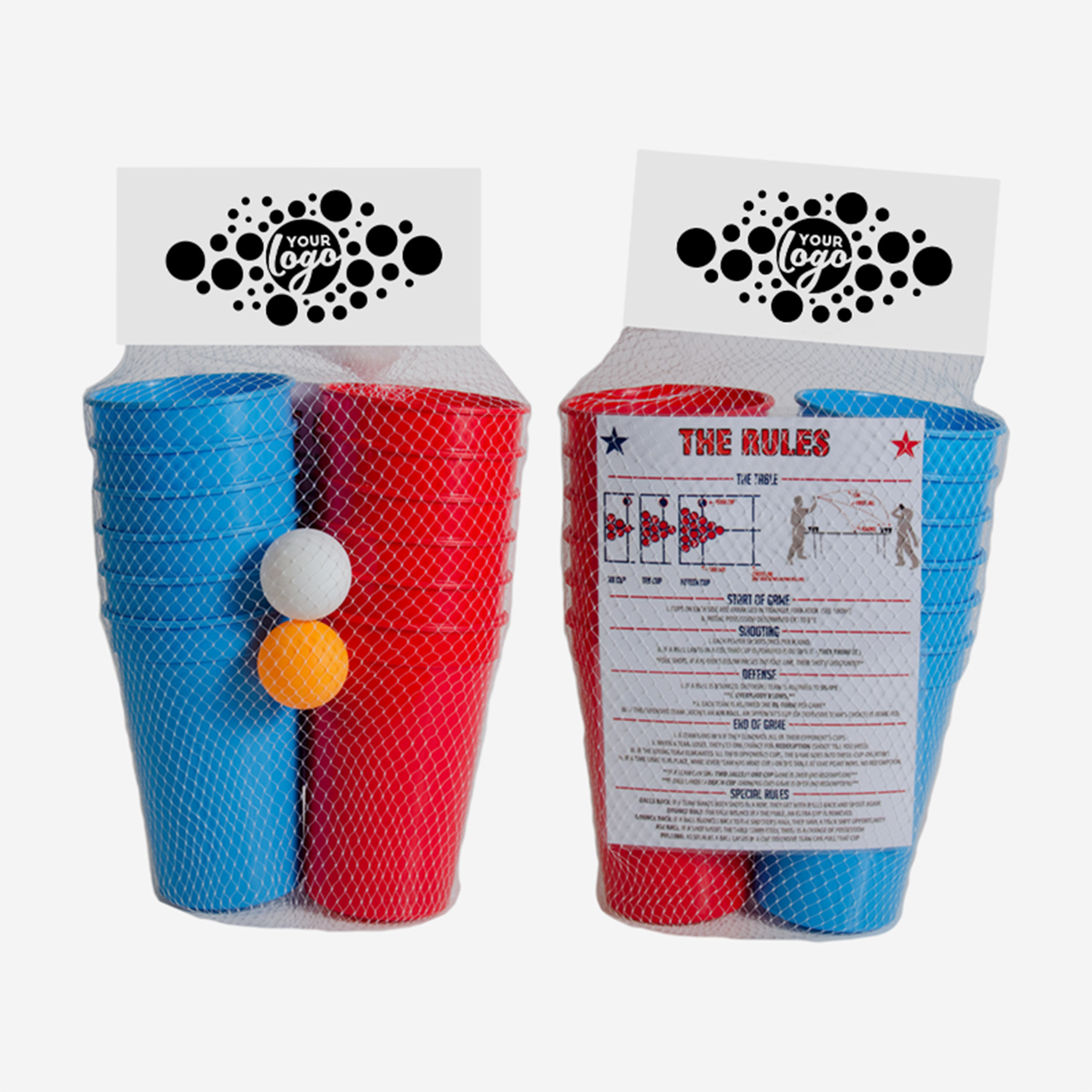 Beer Pong Set : Consists Of 12 Party Cups 500ml : 6 Red, 6 Blue, 2 Ping Pong Balls, Printed Rules Supplied In Netting With Customised Header Card - This Price Includes 1 Colour Branding On 12 Cups And 2 Ping Pong Balls As Well Custom Branded Header Card ) Set Up Fee R 525.00 For The Branding